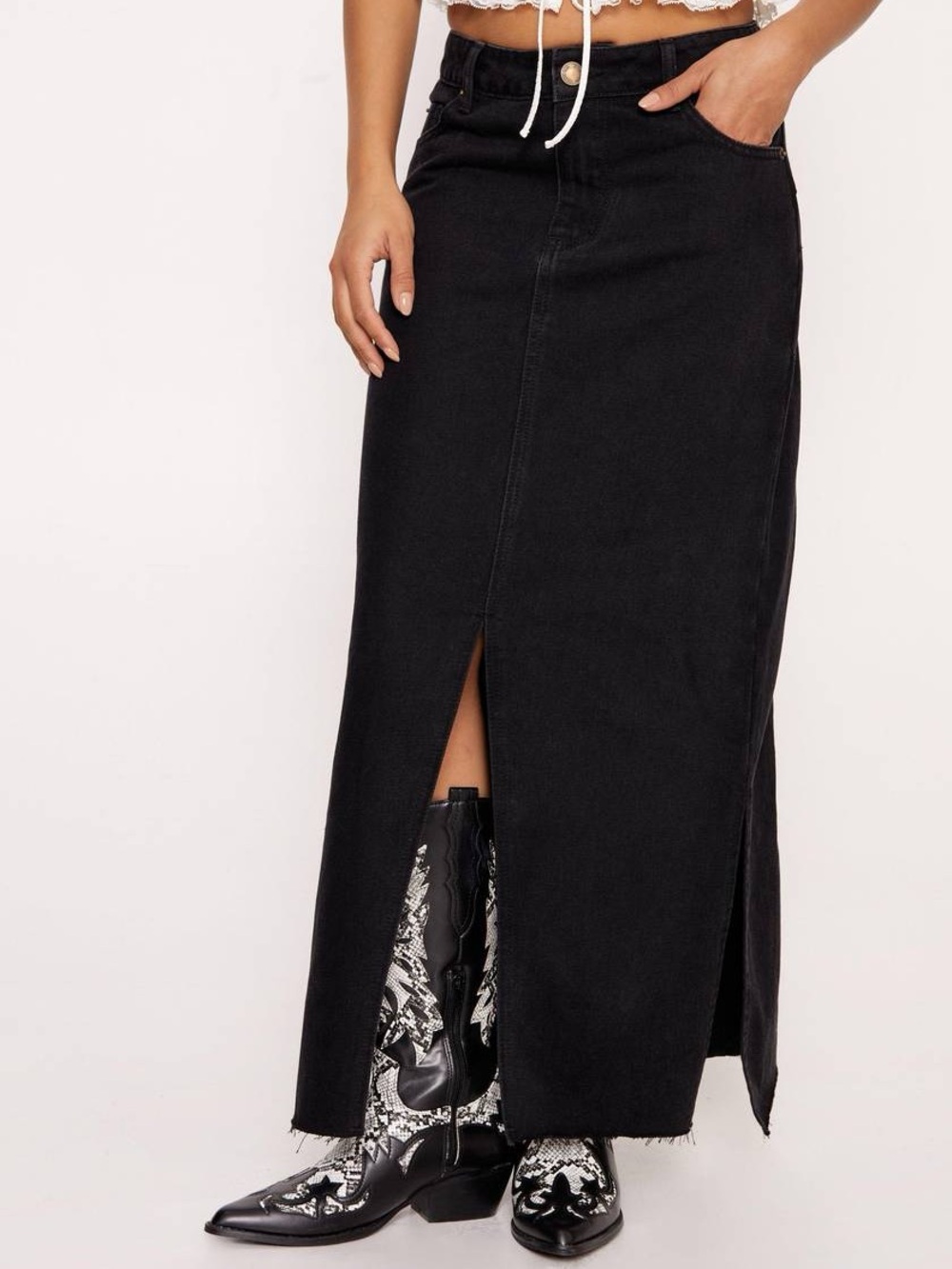 Nasty Gal Black Maxi Denim Skirt with Front Slit - Picture 3 of 15